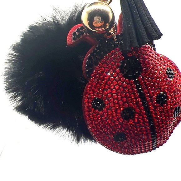 Ladybug Purse Charm Keychain - Black Pom Pom - Black Tassel - N… - Picture 2 of 6